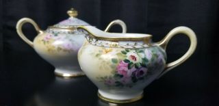 Antique Hand Painted Nippon Fine China Creamer And Sugar Bowl With Lid