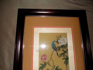 Antique Asian Chinese Japanese Watercolor Painting Bird Flowers On Silk Framed