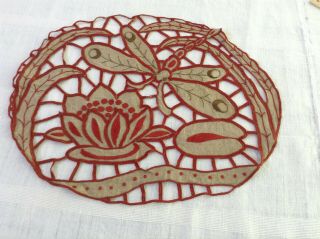 Antique French Redwork Embroidery On Linen Fabric Dragonfly Lilipad