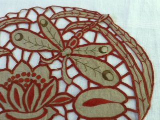 Antique French Redwork Embroidery On Linen Fabric Dragonfly Lilipad 3