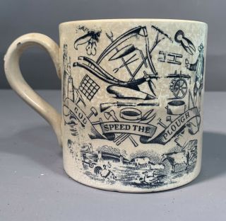 19thc Antique God Speed The Plow Old English Black Transferware Cup Farmer Mug