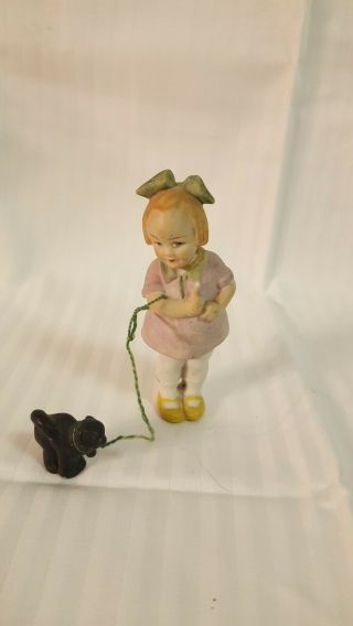 Antique German Bisque Dollhouse Girl Doll With Leashed Black Cat Pet