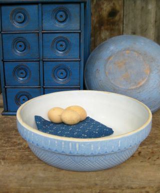 Primitive Antique Stoneware Blue Venetian Bowl 11 "