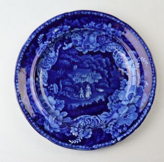 Antique Dark Flow Blue Plate C1850 Enoch Wood & Sons Cottage Mother & Son