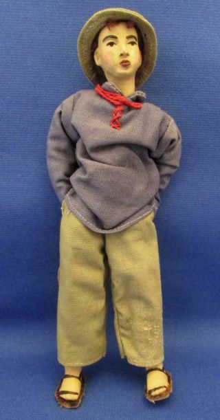 Vintage Hand Made Cloth Boy Doll In Blue Shirt - Home Industries Made In Israel