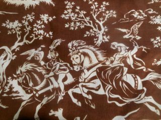 Vintage French Brown Knight Lady Horse Dogs Falcon Bird Hunt Fabric