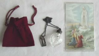 Miniature Antique Heart Bottle Our Lady Of Fatima W/medal Pouch & Holy Card Fine