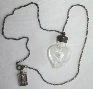 Miniature Antique Heart Bottle Our Lady of Fatima w/Medal Pouch & Holy Card FINE 2