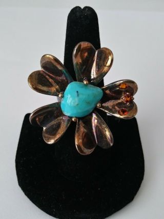 Vintage Flower Turquoise Gemstone 925 Sterling Silver Ring.  Size 6.  5 - - (22.  3g)