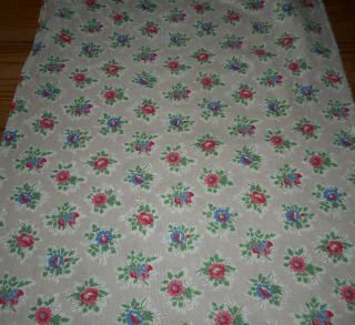 Antique Vintage French Floral Cotton Fabric 2 Blue Pink Red Green On Tan