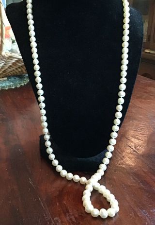 Antique Sterling Silver White Pearl Knotted Bead Long Vintage Necklace 30”