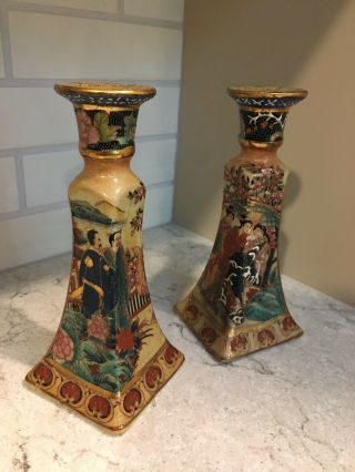 Royal Satsuma Japanese Pottery Tall 8.  5” Hand Painted Candlesticks