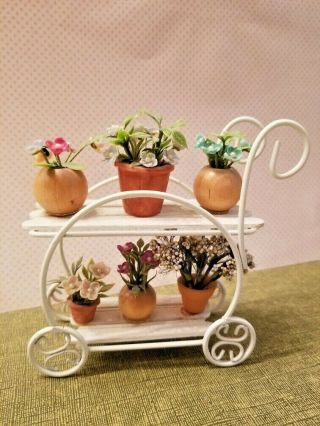 White Metal Dollhouse Miniature Flower Cart With 6 Plants Vintage