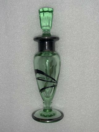 Vintage Perfume Bottle W Stopper Glass Silver Details Rare Green Elegant