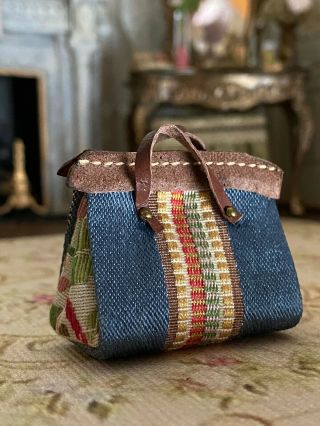 Vintage Miniature Dollhouse Artisan Satchel Doctor Bag Purse Leather Tapestry 2