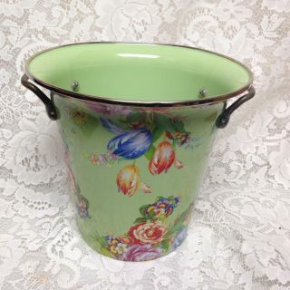 Rare,  Mackenzie Childs Green Floral Large Ice Bucket Or Cooler 8.  5int X 10inw