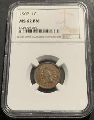 1907 Indian Head Cent Ngc Ms 62 - Old Us One Cent Coin - Antique Copper Penny 1c