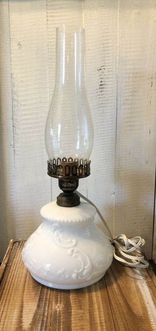 Antique Milk Glass & Brass Electrified Oil Hurricane Lamp Glass Globe Eapg