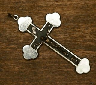 Antique Silvered Nuns Skull & Cross Bones Crucifix With A Ebony Wood Inlay 3.  12 "