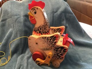 Vintage Fisher Price The Cackling Hen Antique Wooden Pull Toy 120 Made In Usa