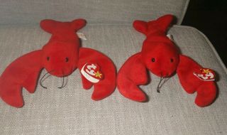 2 Retired Ty Beanie Babies Pinchers The Lobster 4026 Pvc June 19th 1993 Rare