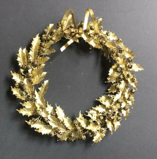Rare Large Vintage Dresden Brass Leaves Bells Christmas Wreath 16” Bow Metal