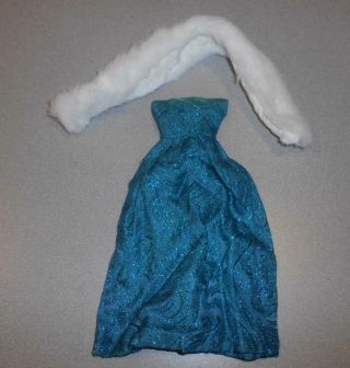 VINTAGE BARBIE CLONE PREMIER LOVELY TURQUOISE BLUE GLITTER DRESS w/ FUR WRAP 3