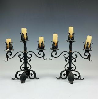 Pr Antique Cast Iron 3 Arm Floral Scroll Footed Shelf Mantle Candleholders 007