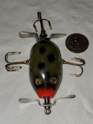 Vintage Unknown Wood Fishing Lure - 3 Hook W/ Glass Eyes Marked M E