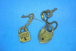 Two Antique Small Brass Padlocks And Keys - - Both Work - - Tiger Brand & Unidentified