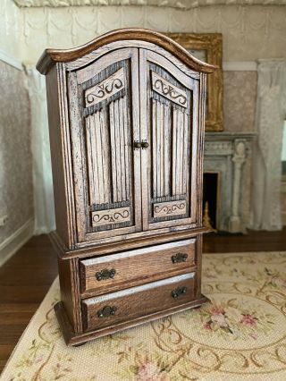 Vintage Miniature Dollhouse Artisan Signed Solid Wood Armoire Wardrobe Cabinet