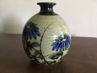 Vintage Japanese Mashiko Pottery Vase With Blue Flowers