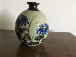 Vintage Japanese Mashiko Pottery Vase With Blue Flowers 2