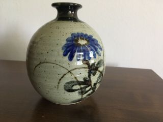 Vintage Japanese Mashiko Pottery Vase With Blue Flowers 3