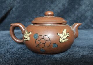 Vintage Chinese Yixing Zisha Purple Clay Carved Birds Flowers Signed Teapot