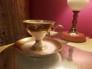 Rare Vintage Fine Porcelain Golden Tea Cup Saucer Bavaria German Made Roman