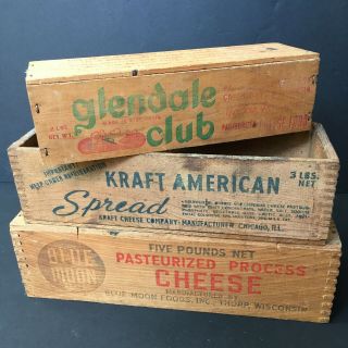 3 Antique Wood Cheese Boxes Kraft,  Blue Moon,  Glendale Club