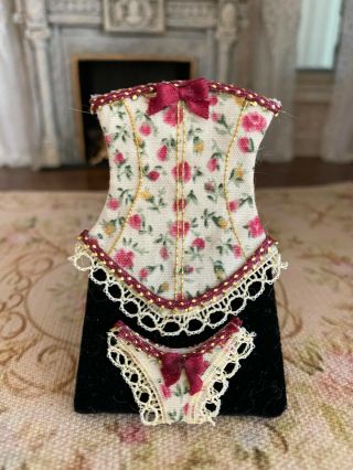 Vintage Miniature Artisan Dollhouse Cream Burgundy Floral Lace Corset & Panties
