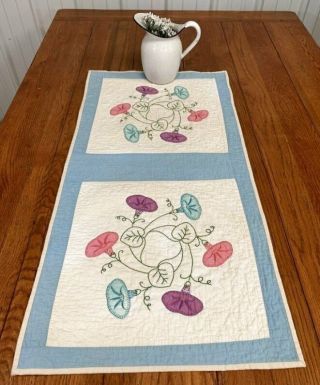 Cottage C 1930s Morning Glory Applique Table Quilt Vintage Runner 38 X 19