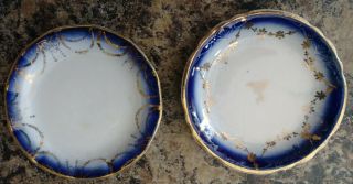 2 Antique Flow Blue W/ Gold Accents Butter Pats Unmarked