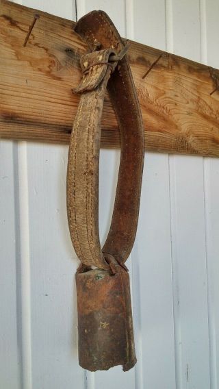 Antique Cow Bell With Leather Strap And Wooden Clapper