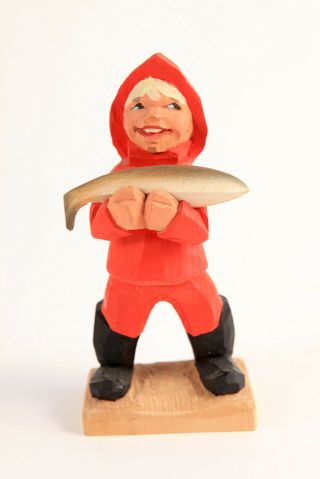 Henning Norway Signed Hand Crafted Wood Vntg Figurine Norwegian Boy With Fish