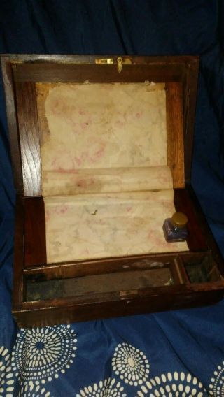 Antique Wooden Writing Lap Desk Wood Box W/ Ink Bottle Estate Find Restore Early