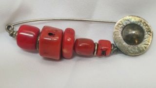 Navajo Sterling Silver Chunky Red Coral Safety Pin Signed Dc Unique And Rare