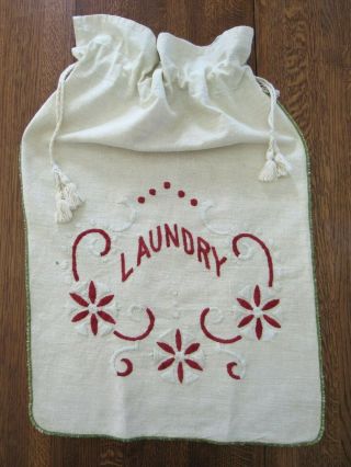 Antique Embroidered Linen Laundry Bag Vintage 1930s Or Earlier 17x27 "