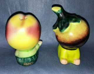 Old Rare Vintage Anthropomorphic Salt & Pepper Shaker Peach Plum Apple Sad Fruit 3