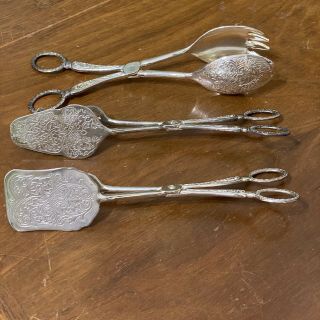 3 Vintage Ornate Silverplate Scissor Serving Tongs
