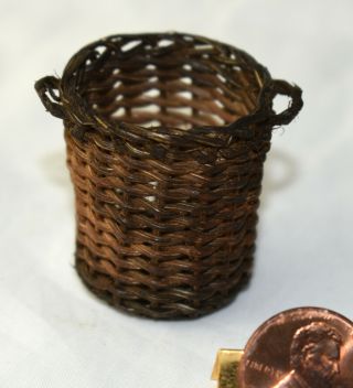 Vtg Dollhouse Miniature Real Wicker Harvest Storage Basket Artisan Hand Woven