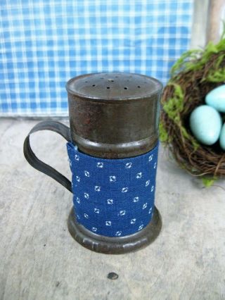 Small Early Antique Dark Tin Shaker Muffineer 1860s Blue Calico