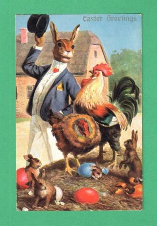 Rare Vintage Arthur Thiele Easter Fantasy Postcard Dressed Rabbit Roster Eggs